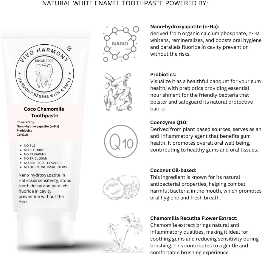 VIVO Harmony™ 100% Natural Toothpaste, Organic, Stop Cavities, Remineralizing, Sensitive Teeth, Probiotics, CoQ10. Dentist Developed with NanoHydroxyapatite/Adults & Kids, 3.5oz.